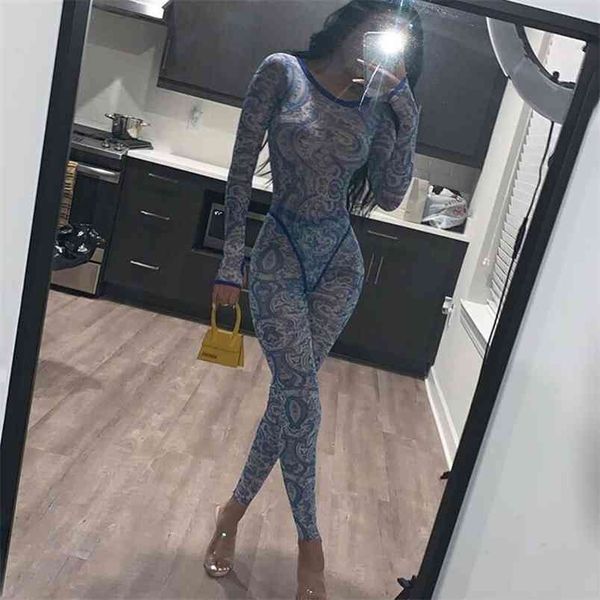 OMSJ Mode Muster Mesh Print Durchsichtig Langarm Body + Leggings Zwei Stücke Set Frauen Sexy Schlank Party Clubwear 210517