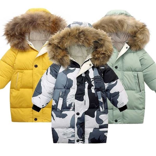 

winter children's large wool collar camouflage down jacket boys and girls' medium long cotton thickened warm coat 211203, Blue;gray