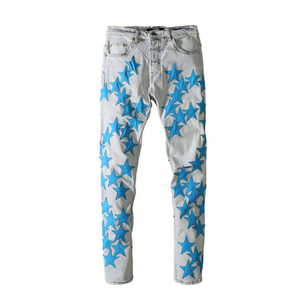 

digner mens jeans fashion slim-leg biker blue distrsed water diamond zebra strip embroidery splicing washed hol five-pointed