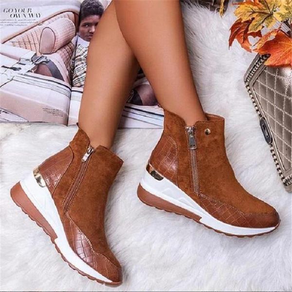 

boots women fashion winter ankle round toe wedges snow warm women's sneakers work non-slip waterproof female shoes a933, Black