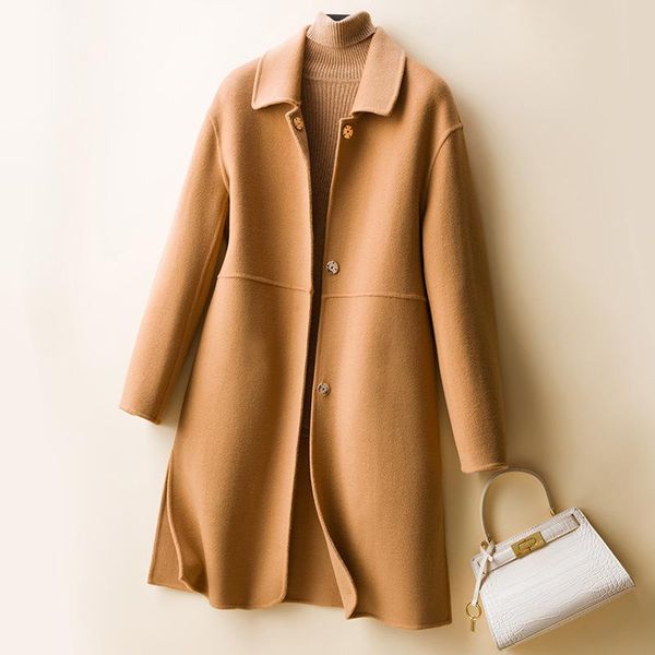 

women's wool & blends autumn and winter double-sided cashmere overcoat middle long slim small figure versatile pure, Black