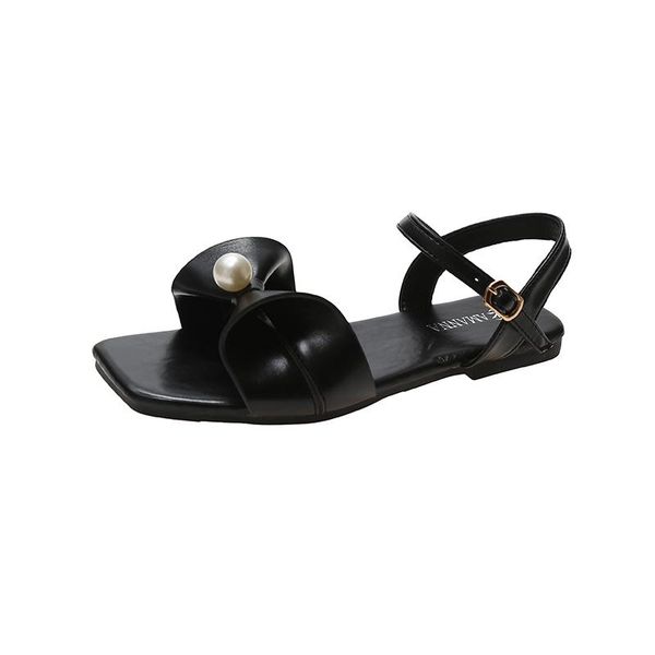 

women's sandals solid color wild bows embellished with sweet and elegant open-toe pearl decoration small fresh, Black