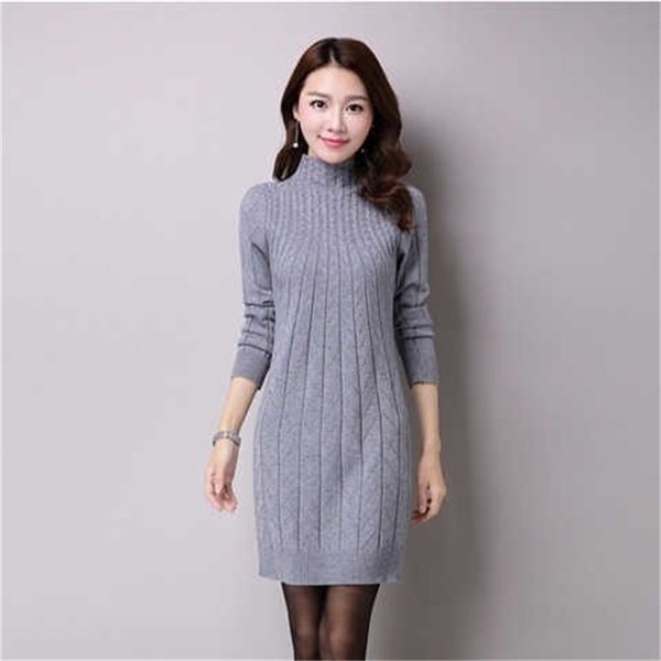 

autumn and winter korean women half high neck long sleeve knitted slim dress office lady knitting cotton knee-length 210416, Black;gray