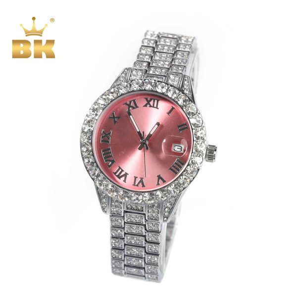 

the bling king women's baby pink dial iced out quartz clock luxury rhinestone waterproof wrist watch small size for women, Slivery;brown