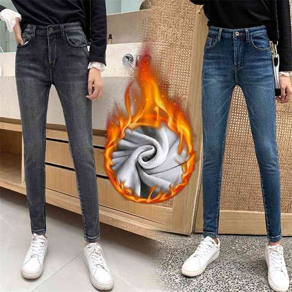 

winter thick plus velvet women high waist skinny jeans simple fleece warm slim fit stretch ladies casual denim pencil pants, Blue
