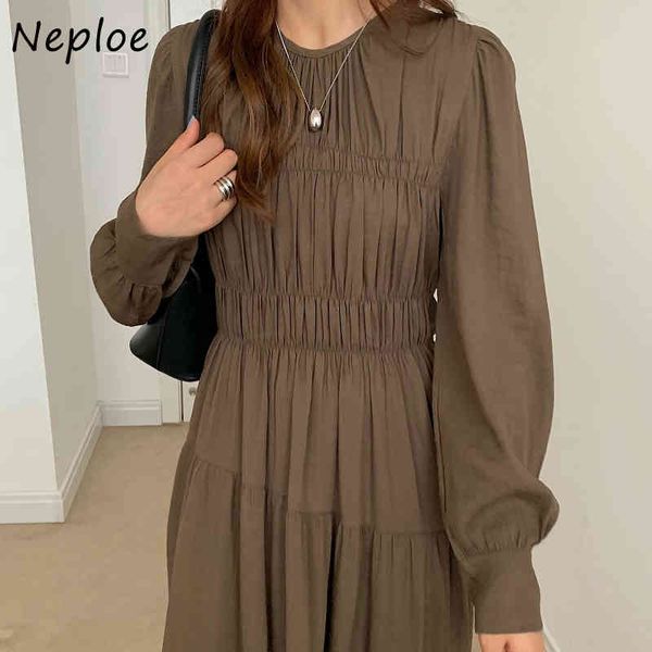 

neploe korean chic simple o-neck dress solid color pleated slim waist vestidos autumn long sleeve a-line dresses women 210423, Black;gray