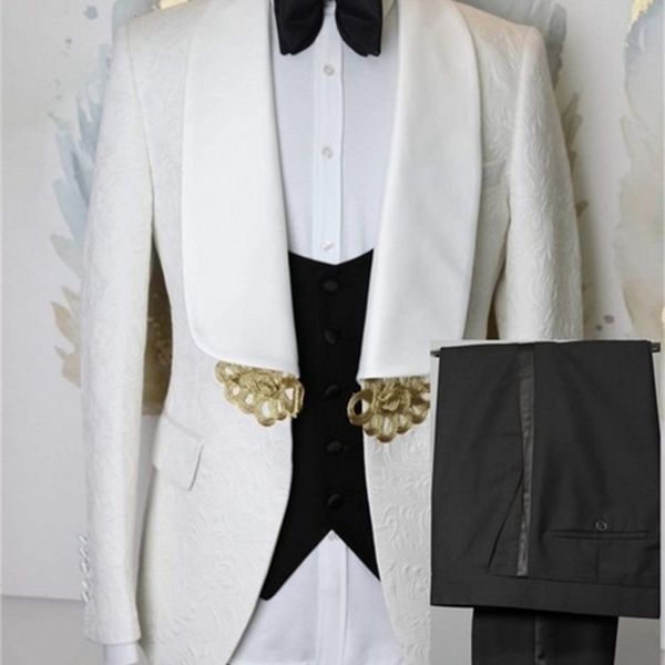 

men's suits & blazers costume homme ivory pattern men groom tuxedos shawl satin lapel groomsmen wedding blazer masculino( jacket+p, White;black