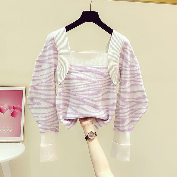 

women's sweaters 2021 autumn winter fashion square collar puff sleeve striped sweater knitwear casual women knitted coat, White;black