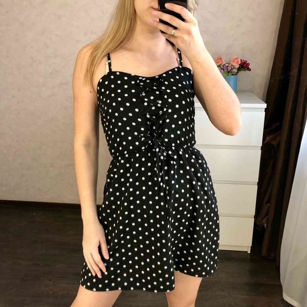 Vestidos de verão das mulheres Sundress Pollka Dot Impressão em v-pescoço em v Preto Branco Branco Mini Vestido 210507