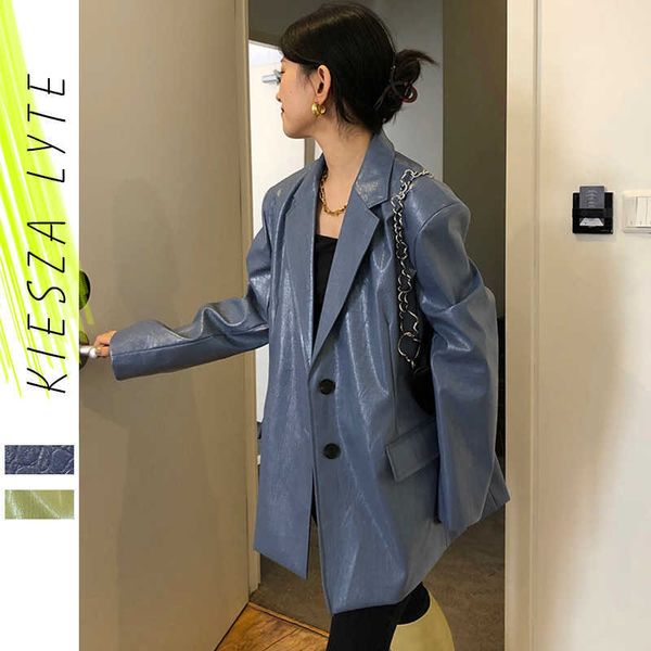 

autumn winter korean blue casual pu leather jacket loose fashion suit 210608, White;black