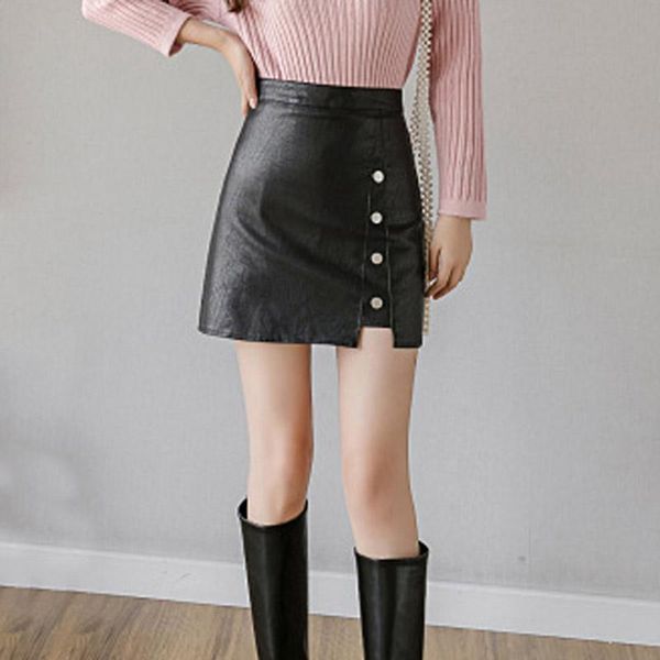 

skirts high waist pu leather college style skirt women slim stretchy solid color a-line miniskirt, Black