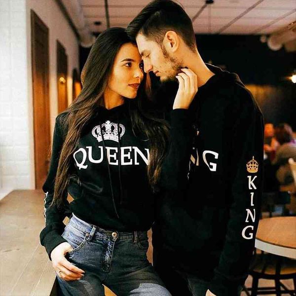 

women men hoodies pullovers tracksuits king queen printed sweatshirt lovers couples hoodie hooded sweatshirt, Black