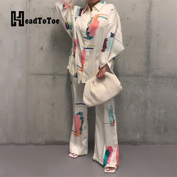 

printed casual women two pieces set loungewear long sleeve shirt & wide leg pants set homewear 211007, White