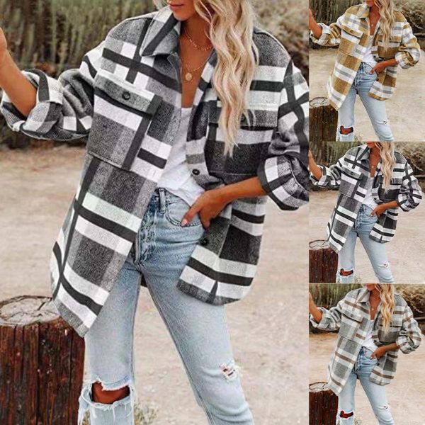 

women's jackets plaid printed black white ladies coat turn-down collar women outwear with pocket high street female jacket, Black;brown