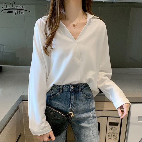 

women's blouses & shirts korean loose long sleeve v-neck white blusas 2021 autumn women office lady solid fashion 10511