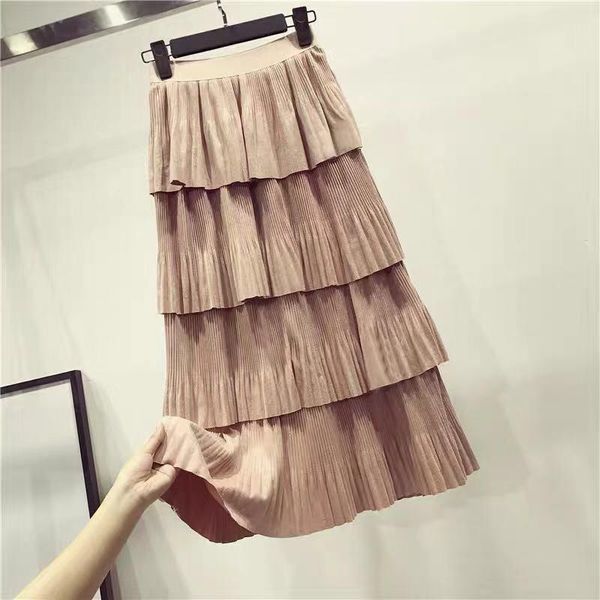 

skirts 2021 autumn arrival vintage suede layer skirt solid color elegant faldas largas elegantes 5 colors available, Black