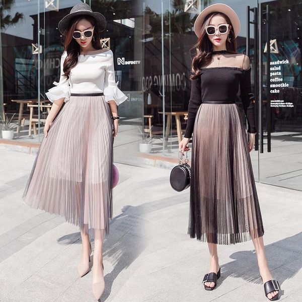 

skirts 2021 spring net yarn lace long half-length pleated skirt women super fairy, Black