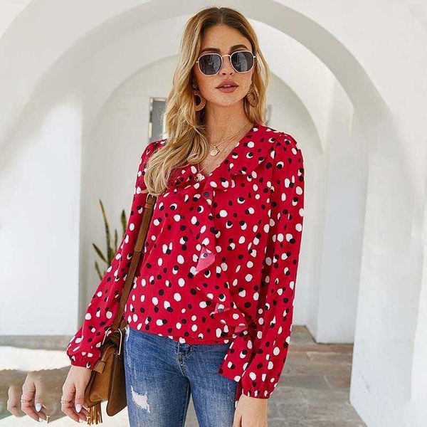 

vintage polka dot women blouse v-neck long sleeve patchwork spring autumn elegant office lady shirts w655 210526, White