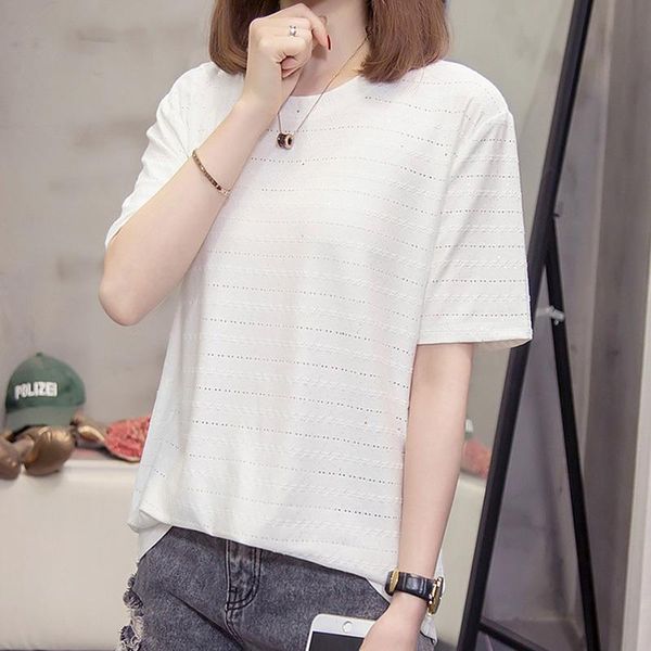 

women's t-shirt summer 2021 fashion mesh hollow design short-sleeved female casual loose plus size breathable white women