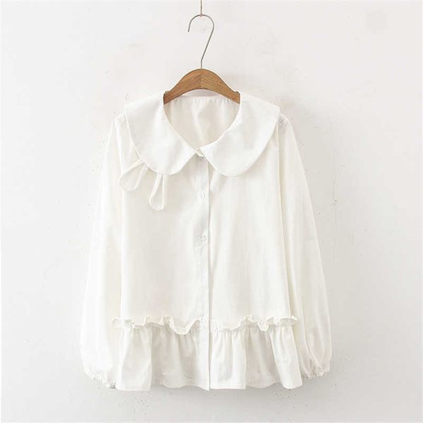 

women's knits & tees japanese mori girls kawaii blouse women sweet rabbit ears peter pan collar white doll shirts cute ruffle long