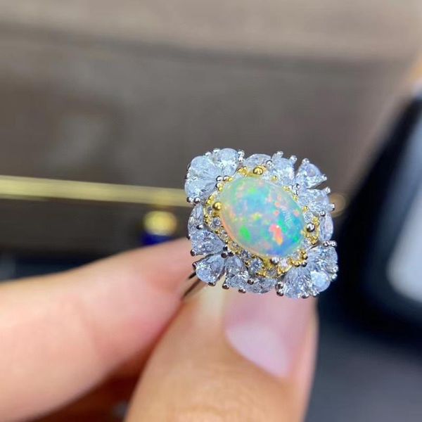 

cluster rings meibapj natural opal gemstone fashion flower for women real 925 sterling silver charm fine wedding jewelry, Golden;silver