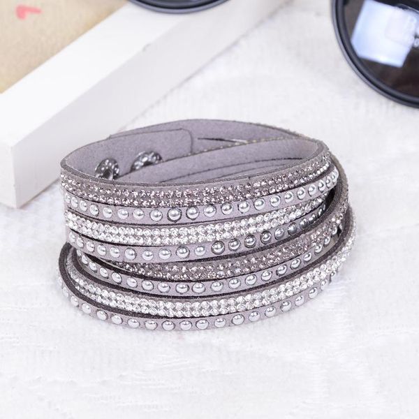 

tennis fashion multi-layer wrap bracelets for women slake leather with crystals couple jewelry charm rhinestone bracelet, Golden;silver