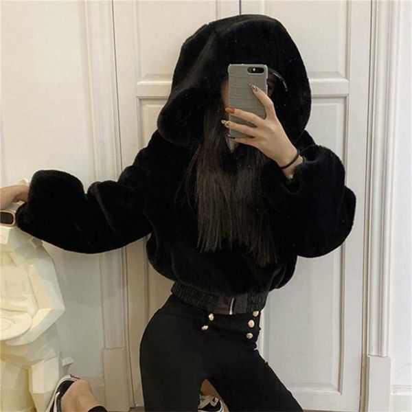 

winter thick warm short parka short faux fur coat women luxury loose jackets with black pu leather elastic hem 211206