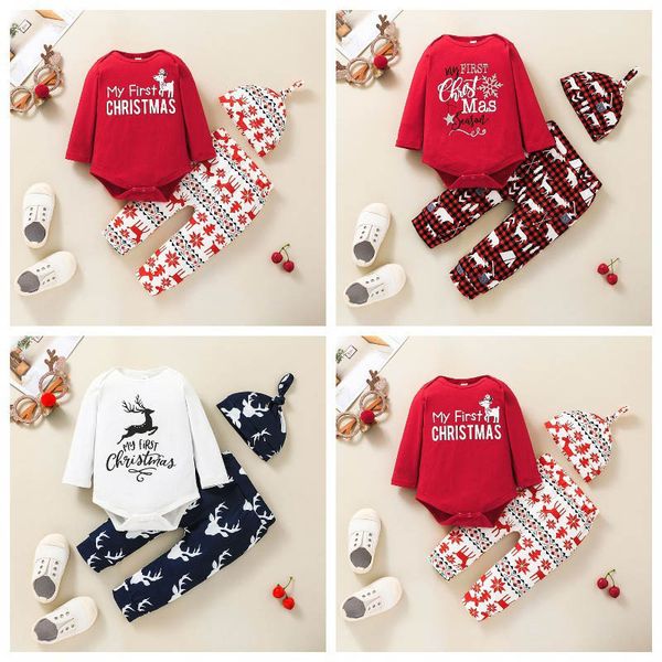 

christmas baby girls outfits boys newborn clothing sets infant clothes cotton cartoon long-sleeved romper jumpsuit pants hat 3pcs b8478, White