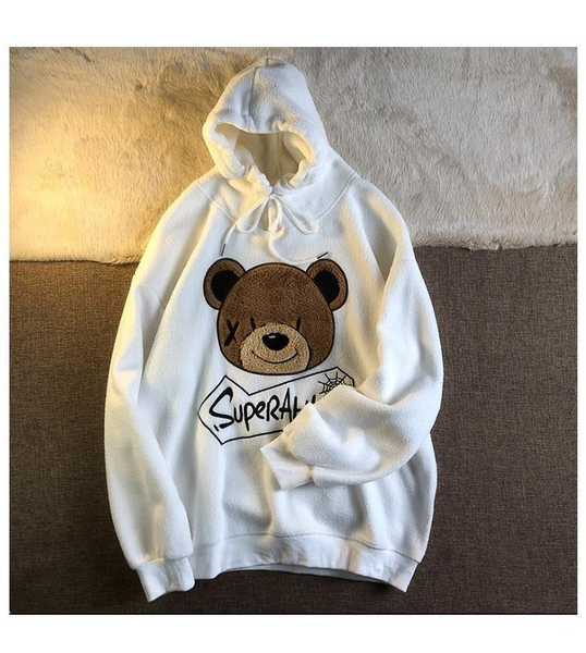 

new womens hoodies sweatshirt women street loose lamb velvet plus velvet thick super fire wild embroidery bear sweater women, White