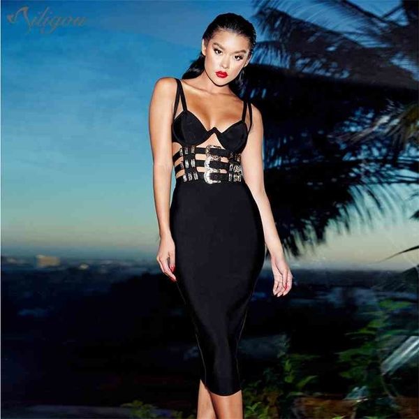 Estate e Bandaggio femminile Sexy Spaghetti in metallo Fibbia Hollow Tight Body Celebrity Party Dress Vestidos 210525