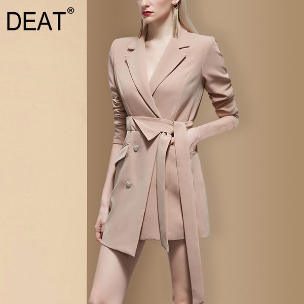 

[deat] v-neck solid temperament medium length double breasted suit women irregular waist suit coat spring and autumn gx1082 210428, White;black