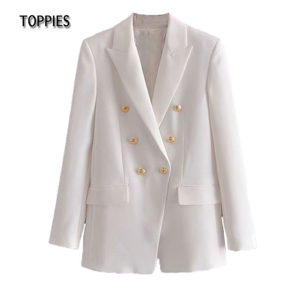 Blazer bianco slim doppio petto giacca da donna colletto dentellato abbigliamento da ufficio 210421