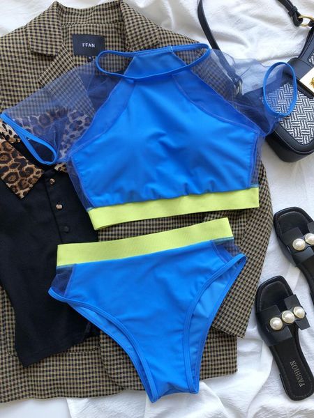 

women's swimwear 2021 2 piece set women swimming suit mesh lace-up swimsuit high waist bikini neon green womens fashion, White;black