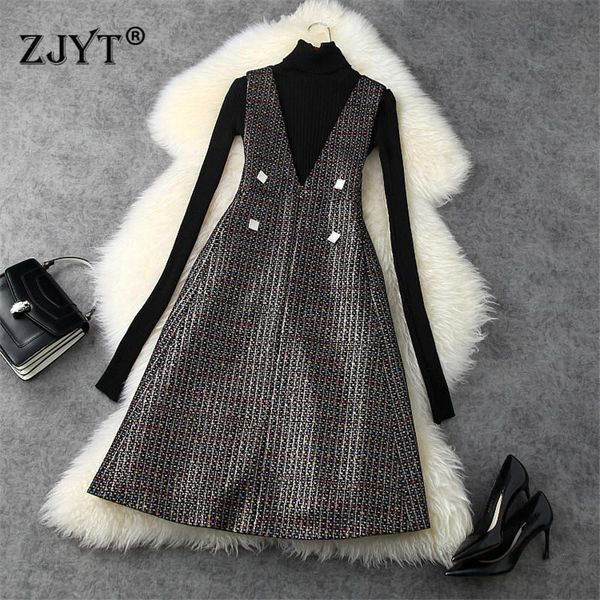 

casual dresses women autumn winter long sleeve sweater and fancy print tank dress suit designer vintage robe femme party vestid, Black;gray