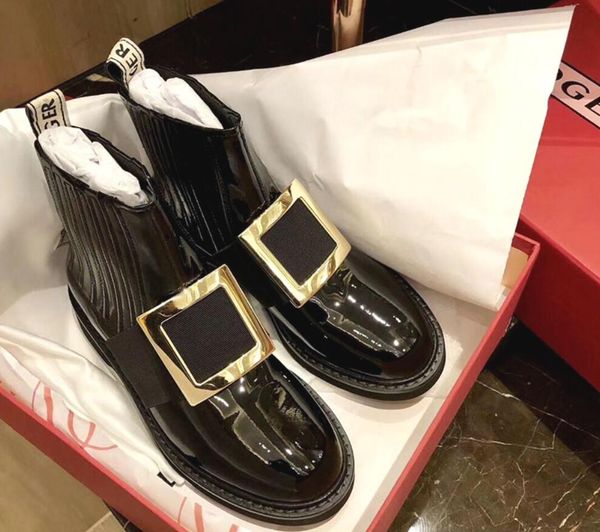 

patent leather square buckle rhinestone elastic short boots rubber sole autumn and winter sleeve chelsea black martin boot round toe single
