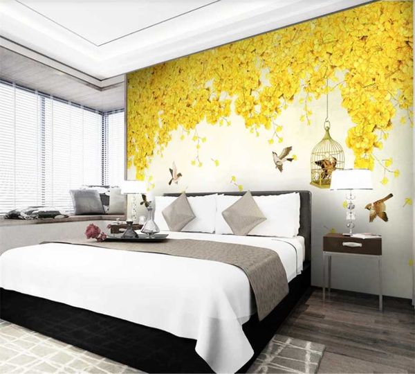 

custom 3d wallpaper mural ginkgo hand-painted brushwork flowers and birds chinese background wall painting wallpapers