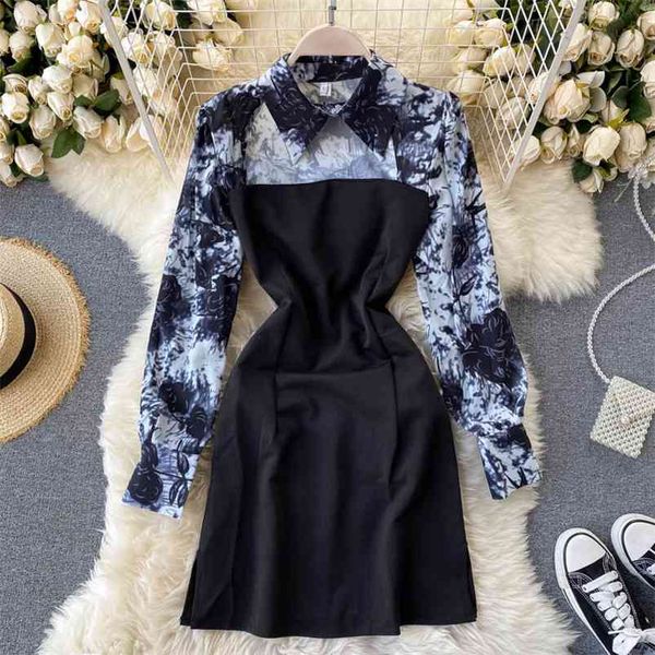 

women's autumn tie-dye printed shirt dresses long sleeve turn-down collar hollow-out patchwork mini dress female vestidos gk472 210507, Black;gray