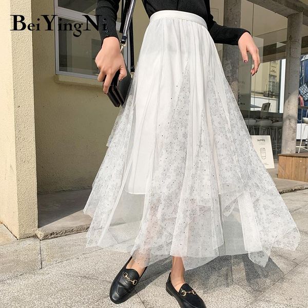 

skirts beiyingni irregular tulle stars sequins dance streetwear fashion midi women skirt bridesmaids pleated maxi tutu, Black