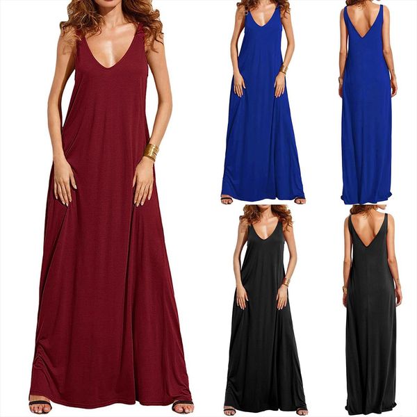 

maxi casual sleeveless camisole women dress v neck solid tank long plus size vestidos boho hippie chic dresses, Black;gray