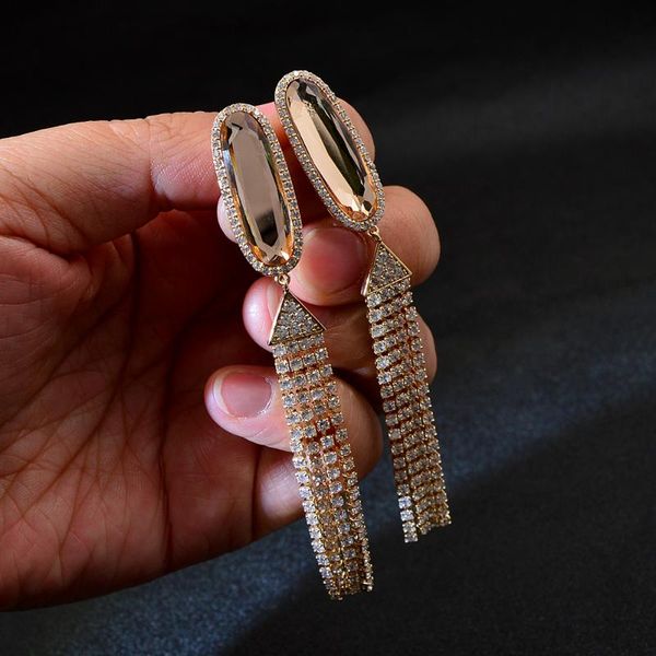 

dangle & chandelier cindy xiang long tassel cubic zirconia oval earrings for women luxury fashion wedding party 2 colors available, Silver