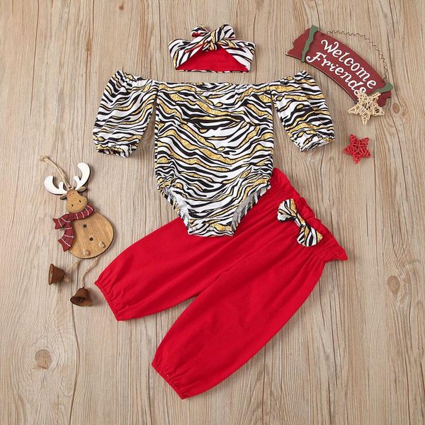 

clothing sets baby & children's suit set girls striped boat neck off shoulder romper+ long pants+ headband for summer fall, White
