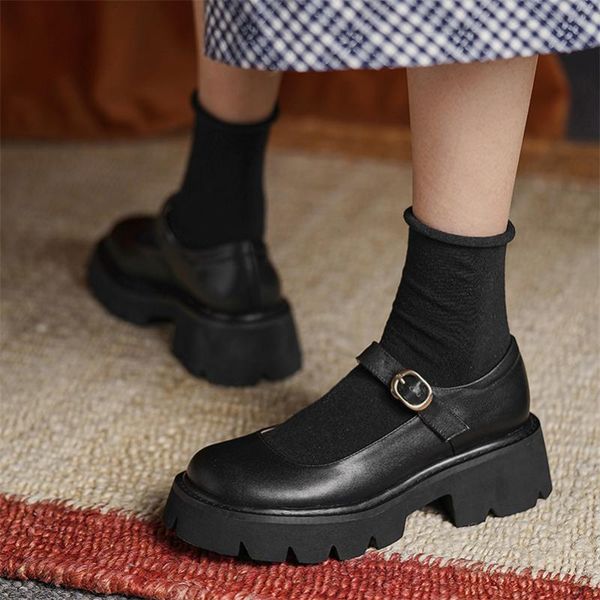 

dress shoes meotina mary janes women natural genuine leather platform high heels buckle strap thick heel ladies footwear spring ad152, Black