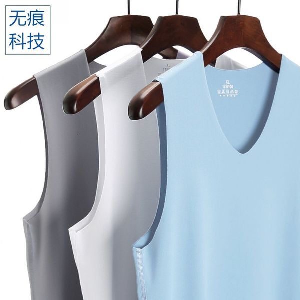 

thin men' traceless wide shoulder v-neck ice silk vest for spring and summer, White;black