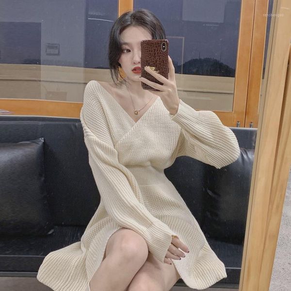 

casual dresses long-sleeved v-neck sweater dress age season 2021 french temperament show thin waist knitted, Black;gray
