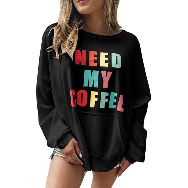 

women's hoodies & sweatshirts women long sleeve letter print fashion round neck pocket for ladies, Black