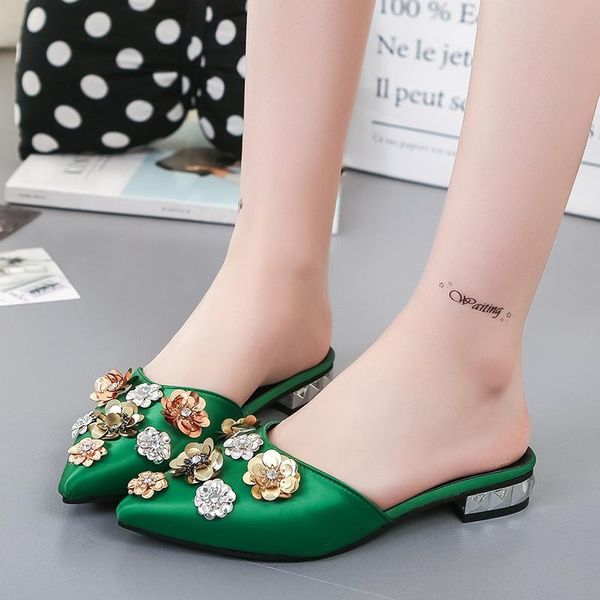 

slippers mules shoes flower summer women crystal closed toe loafers slides anti-skid thick heels flip flops femme breathable2021, Black