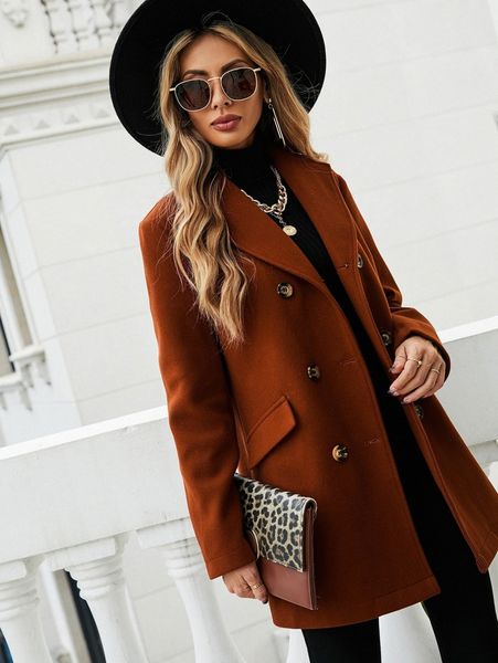 

double breasted lapel collar overcoat h6po#, Black