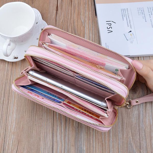 

wallets women zipper pu leather wallet large capacity fashion casual simple patchwork waterproof lady wrist band handbag card phone bag, Red;black