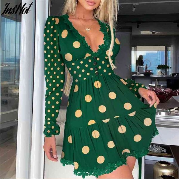 

lace v neck long sleeve dress causal a line polka dot slim mini spring high street puff ladies 210729, Black;gray