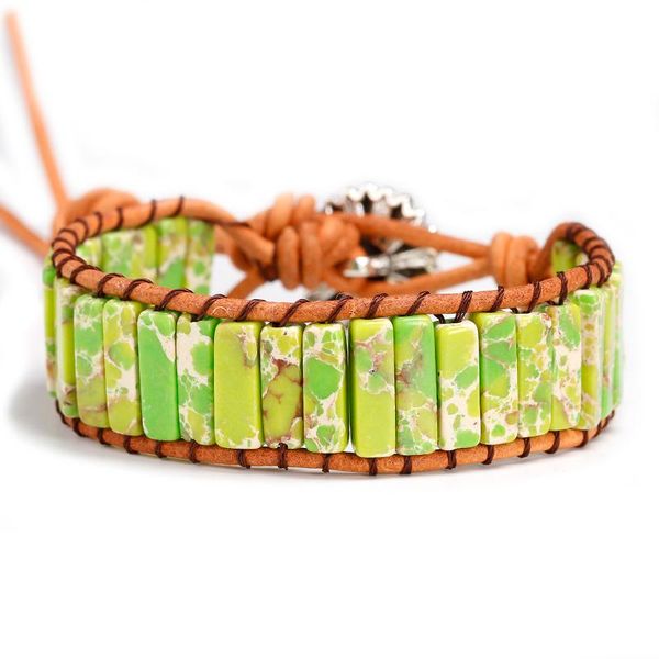 

tennis green sea sediment bracelet jewelry handmade natural stone beads woven wrap women men boho style, Golden;silver